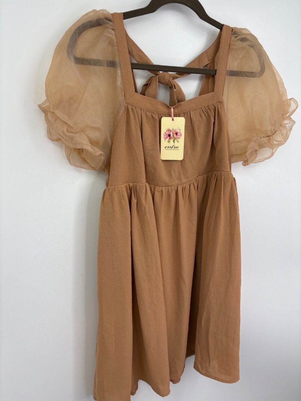 Entro Babydoll Dress Square Neckline Sheer Puff Sleeve Peach Apricot Small NEW - Picture 3 of 7